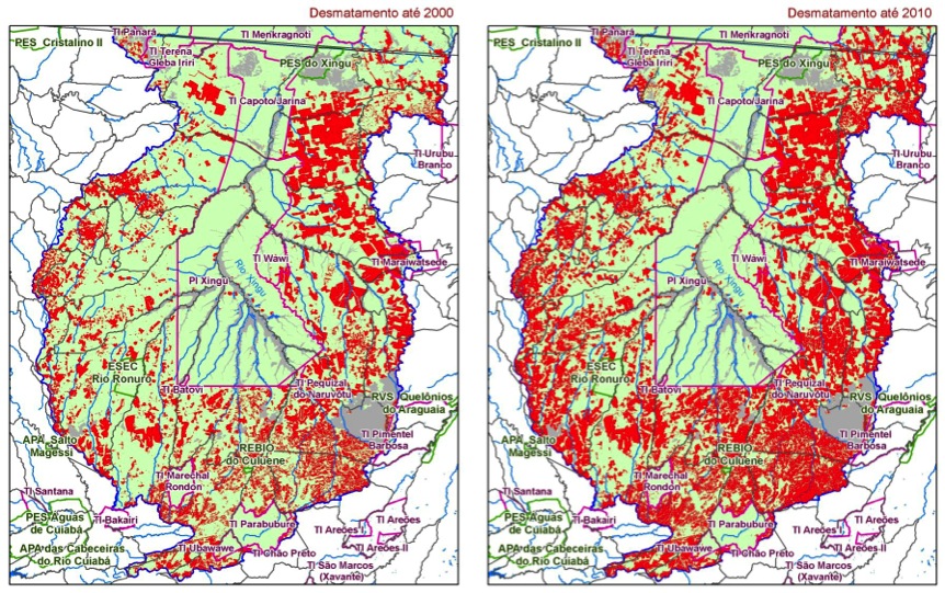 Deforestation, depicted in red, in the Xingu Indigenous Territory of the Amazon rainforest in Brazil, 2000 (left) and 2010.