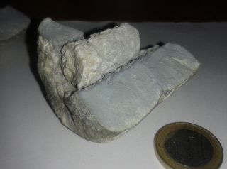 Here, part of a 6-inch-long (15 centimeters) pipe with an off-white carbonate cement filling.