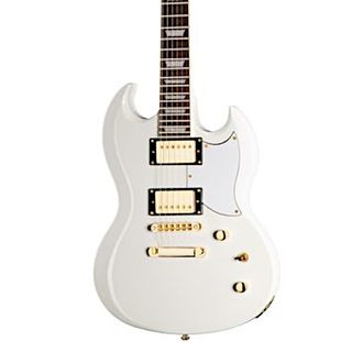 A white Harley Benton DC-CUSTOM II with gold highlights on a plain white background.