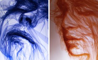 Two images, Left- Blue floating facial silhouette, Right- Orange floating facial silhouette