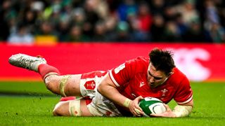 Taine Basham of Wales scores his side's first try during the Guinness Six Nations Rugby Championship match between Ireland and Wales at the Aviva Stadium in Dublin on Feb. 5.