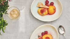 Poached peaches, raspberries and thyme shortbread