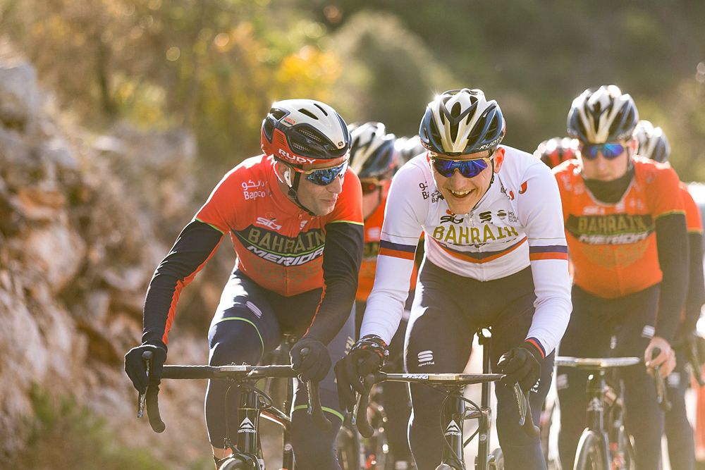 Vincenzo Nibali and Matej Mohoric of Bahrain-Merida on a training ride