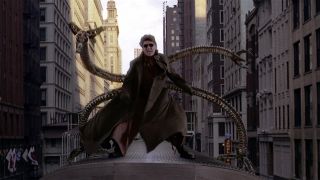 Doc Ock (Alfred Molina) throwing people from a train in Spider-Man 2