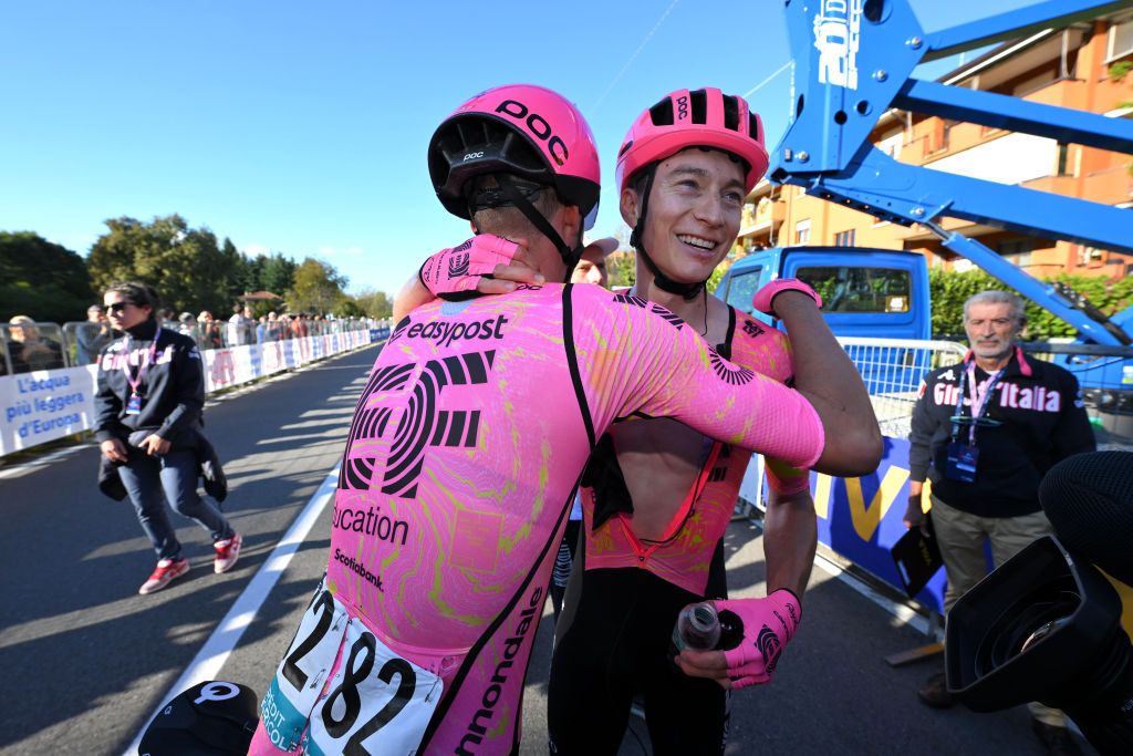 BORGOMANERO ITALY OCTOBER 10 LR Mikkel Frolich Honore of Denmark and race winner Neilson Powless of The United States and Team EF Education EasyPost react after the 108th Gran Piemonte 2024 a 182km one day race from Valdengo to Borgomanero on October 10 2024 in Borgomanero Italy Photo by Tim de WaeleGetty Images