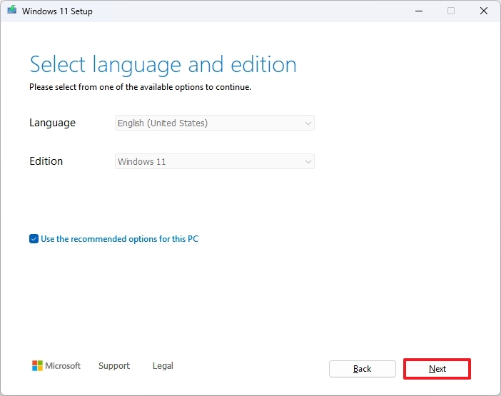 Media Creation Tool language selection