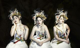 A composite image of a woman in costume in three different poses