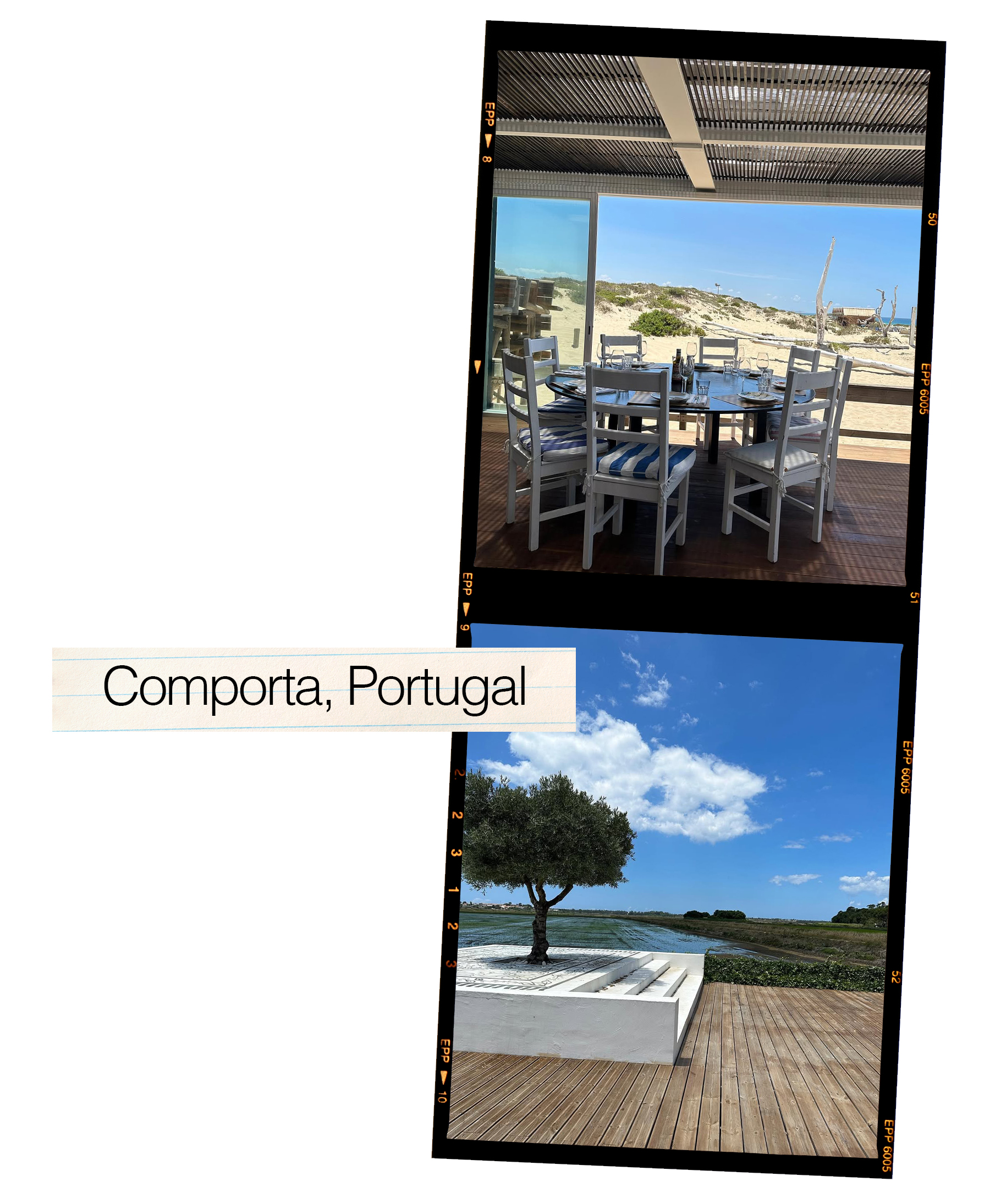 a collage of images featuring Comporta, Portugal as a top travel destination for fashion people in 2025