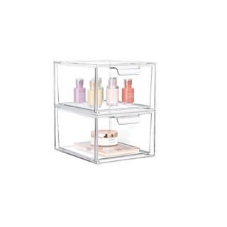 SpaceHacks 2 Pack Stackable Makeup Organizer and Storage; two clear storage containers on top of one another with products inside