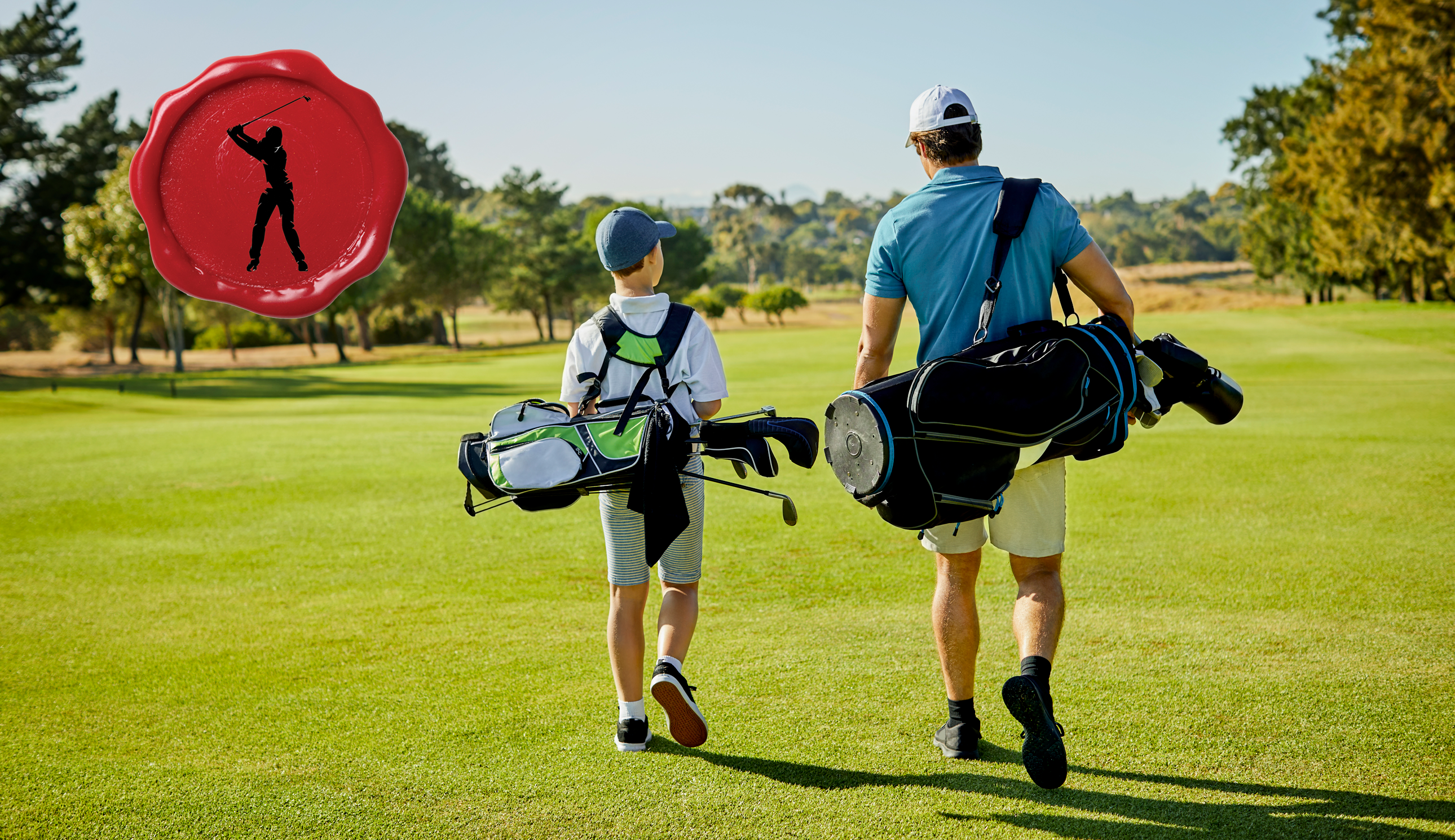A father and son walk down the fairway with golf bags on their back