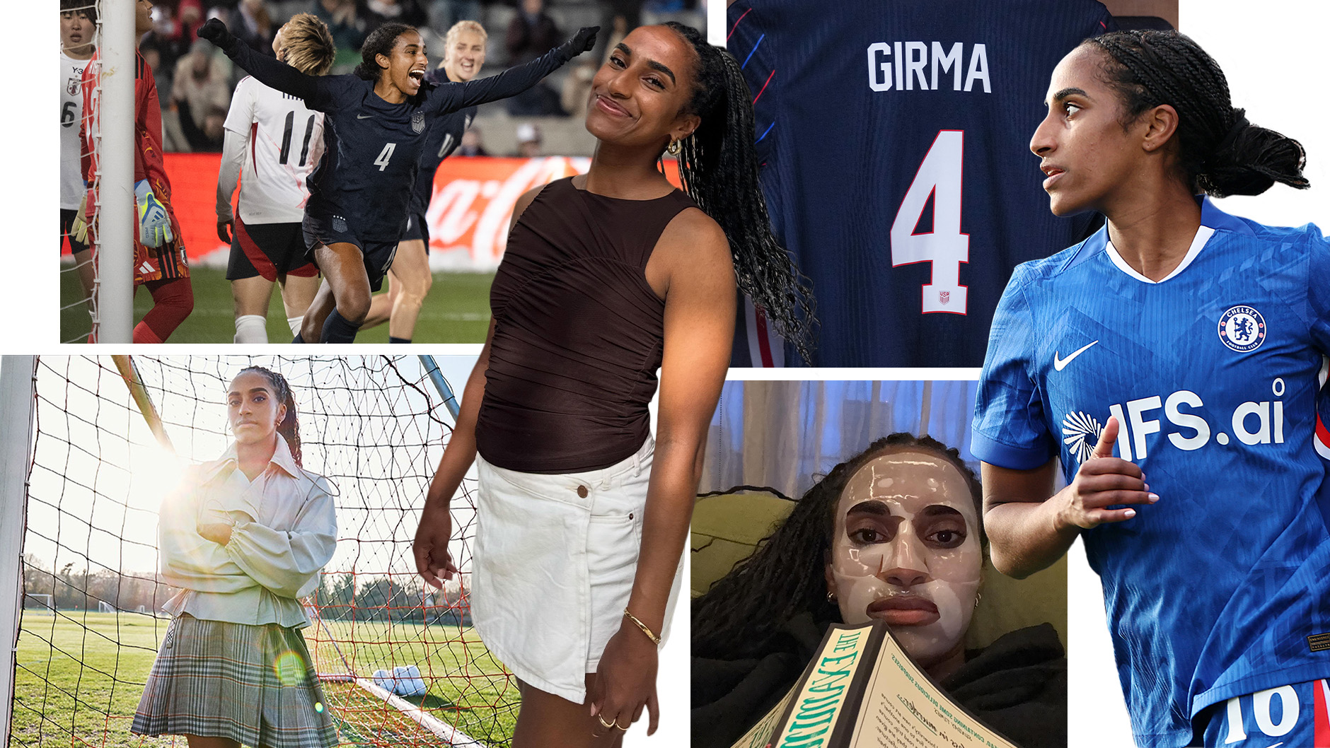A collage of photos of professional soccer player Naomi Girma.