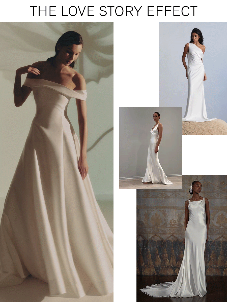 A collage of models wearing simple white gowns.