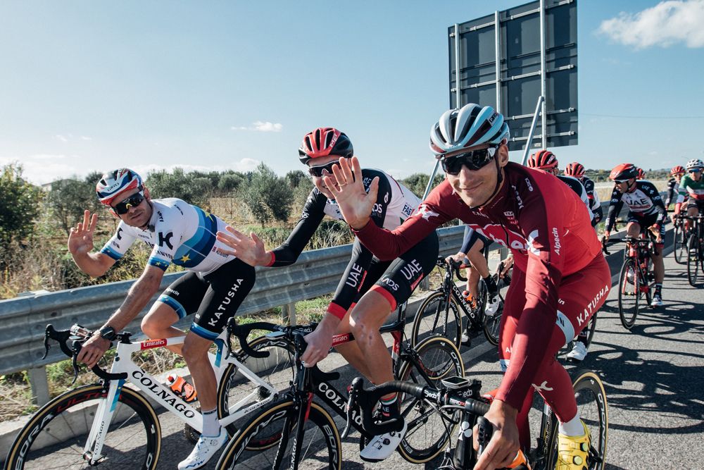 Alexander Kristoff (far left) will make his debut in UAE colours in 2018