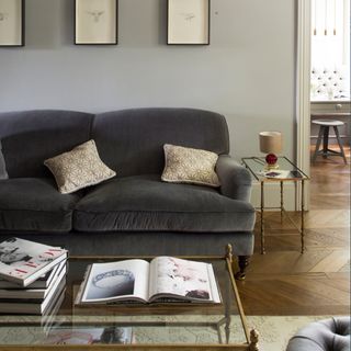 room with grey sofa and wooden flooring