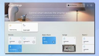 A screenshot of the Samsung SmartThings app on a Samsung TV on a blue background