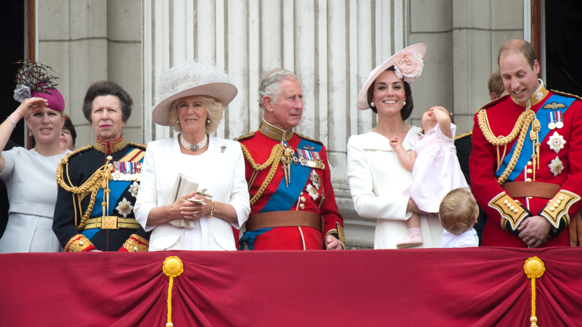 Zara Tindall, Princess Anne, Queen Camilla, King Charles, Kate Middleton and Prince William on the balcony at Buckingham Palace
