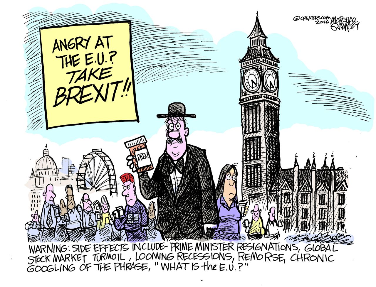 Political cartoon World Brexit pill EU side effects