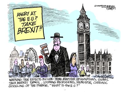 Political cartoon World Brexit pill EU side effects