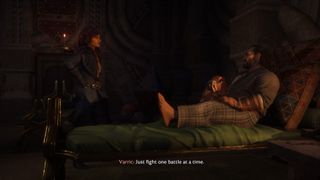 Dragon Age: The Veilguard screenshot of Varric telling Rook to fight one battle at a time