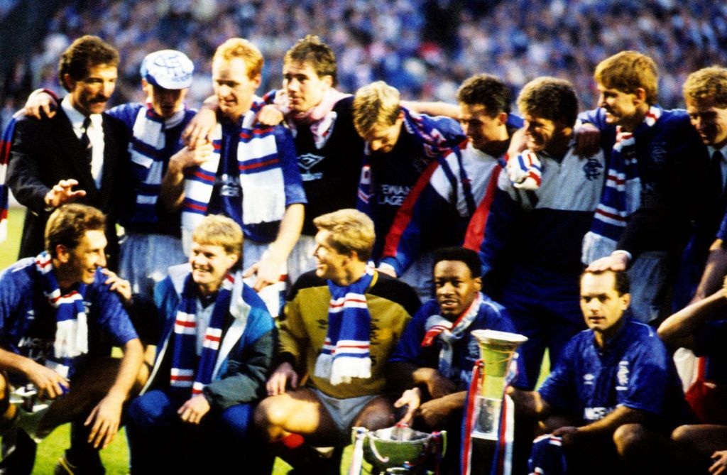 The Rangers players celebrate winning the 1988 Skol Cup Final..Back row from left: Graeme Souness, Ian Ferguson, John Brown, Ally McCoist, Gary Stevens, Derek Ferguson, Phil Boersma and Richard Gough..Front row from left: Terry Butcher, Stuart Munro, Chris Woods, Mark Walters and Ray Wilkins.