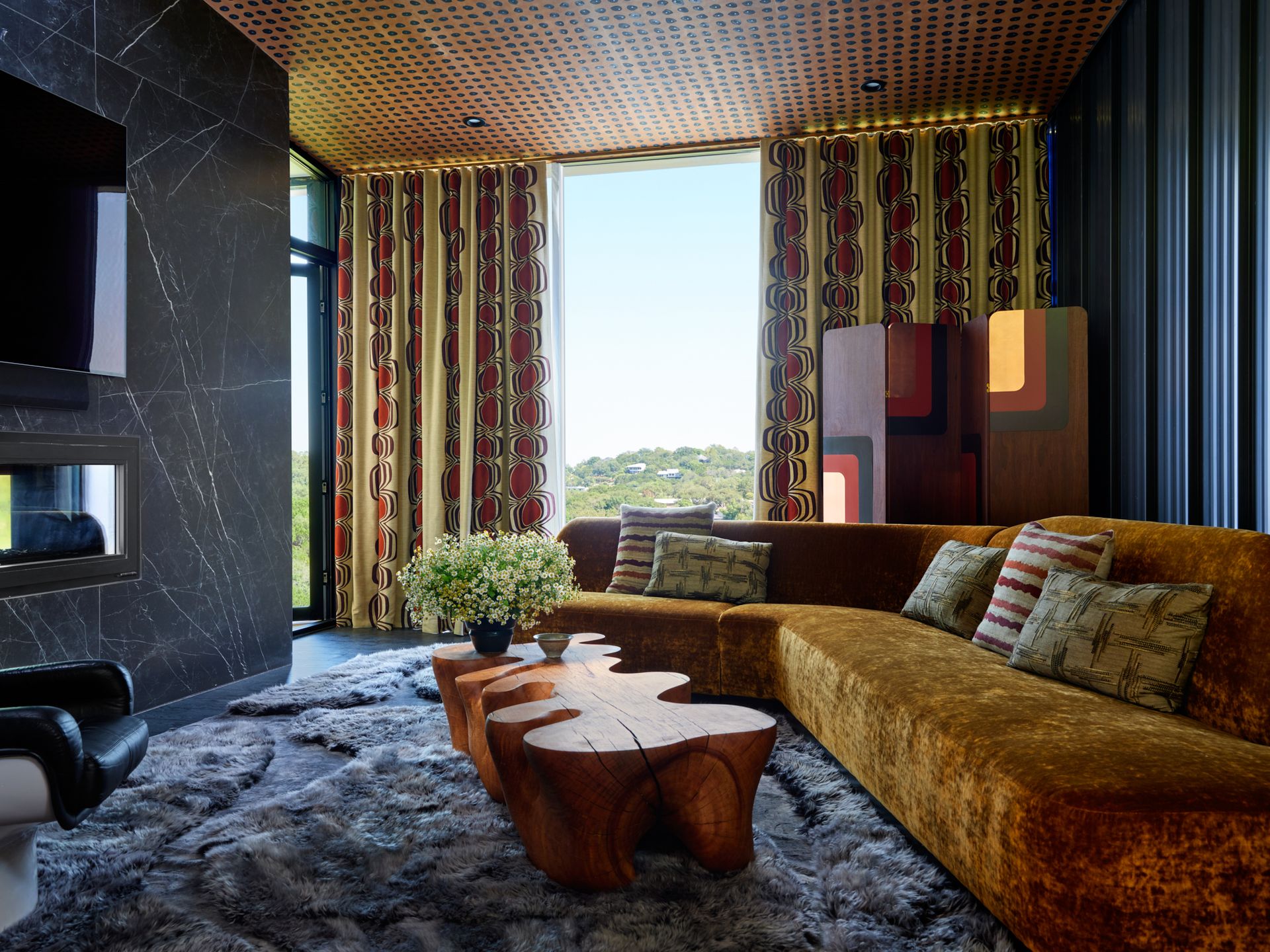 A living room with mixed textures