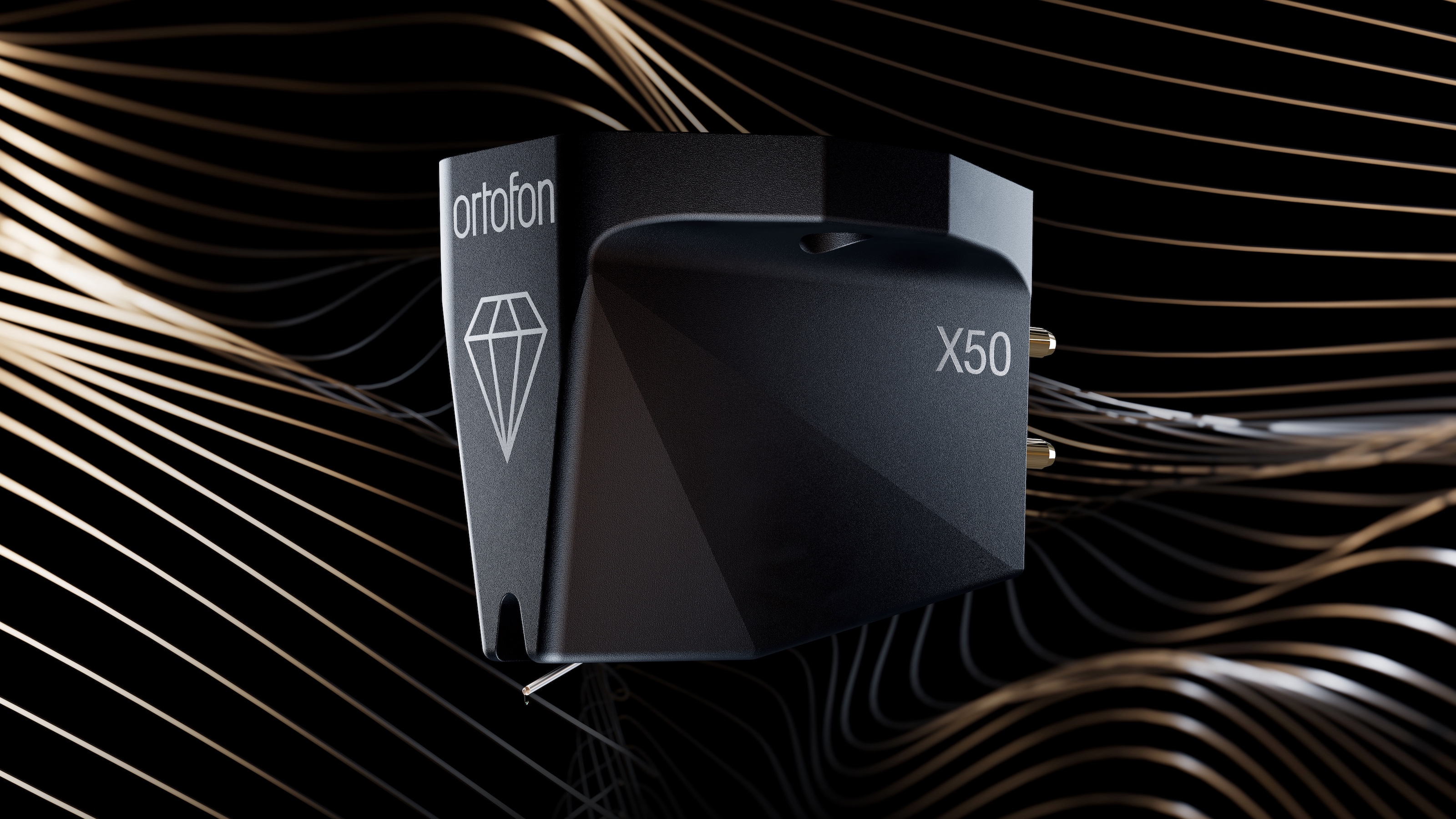 The Ortofon MC X50 cartridge on a black background with wavy gold lines.
