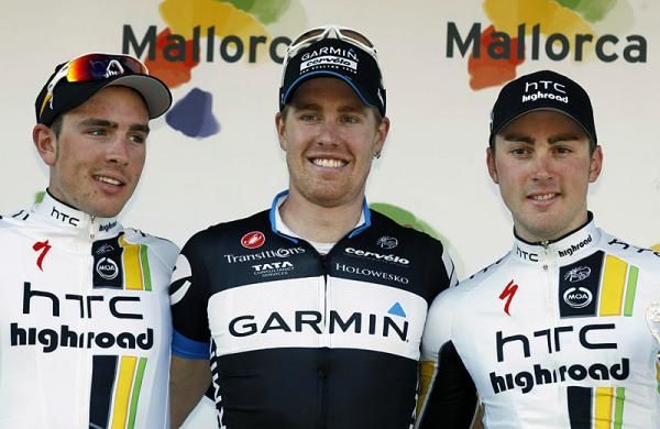Top three at Trofeo Cala Millor (l-r): John Degenkolb (HTC - Highroad), Tyler Farrar (Garmin - Cerv&eacute;lo), Leigh Howard (HTC - Highroad)