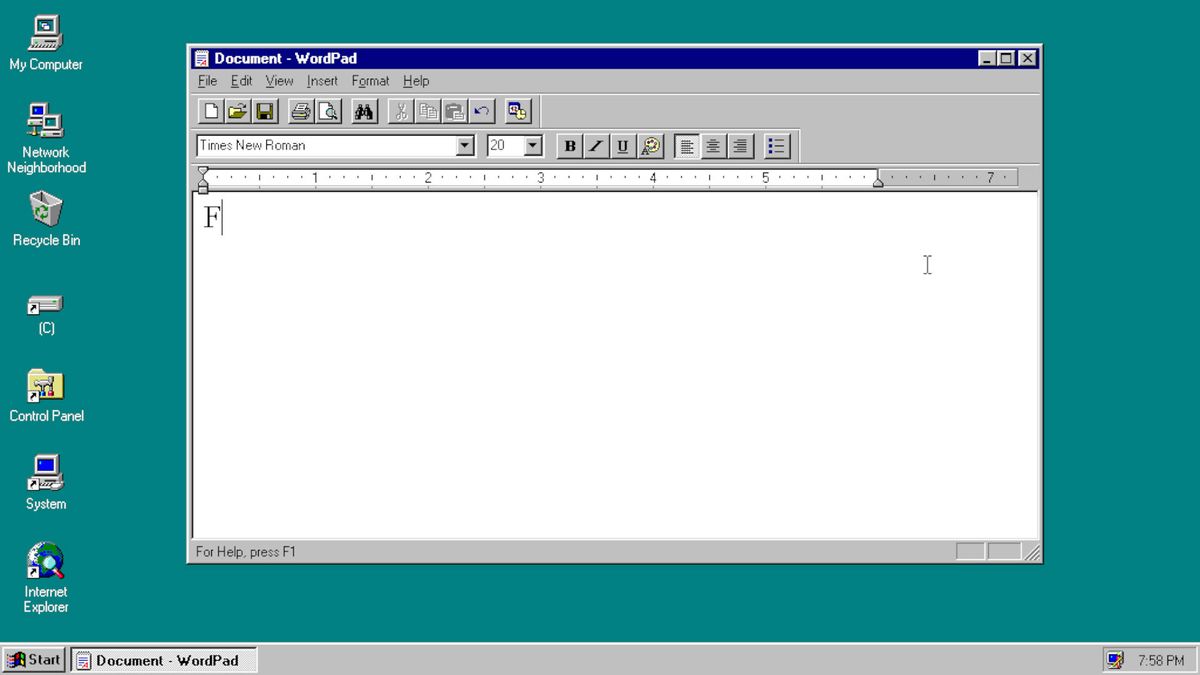 A screenshot of Windows 95, with WordPad running on the desktop