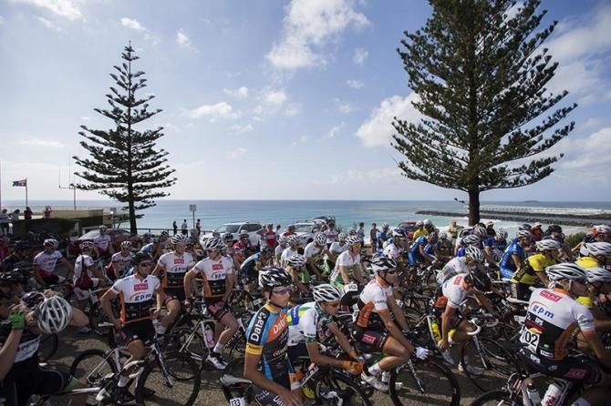 The riders line up on Point Danger