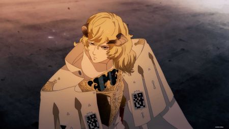 Count Louis in Metaphor: ReFantazio in an anime cutscene. With his cloak on, he's looking to the side somewhat annoyed