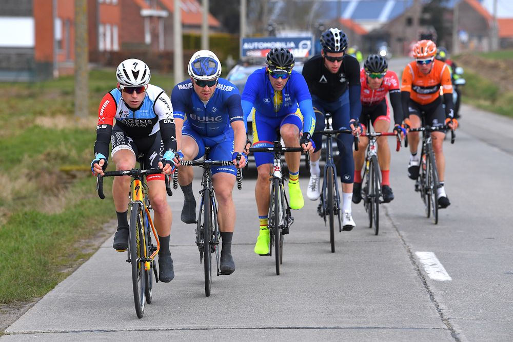 Sean Bennett leads the breakaway at Three Days of de Panne