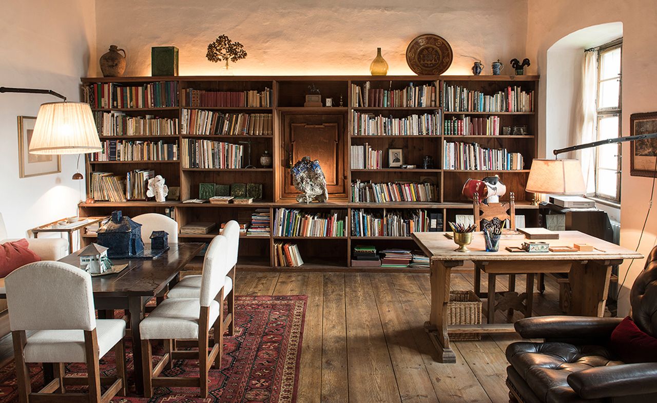 Book shelf and reading hall room with wooden floor