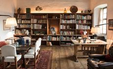 Book shelf and reading hall room with wooden floor