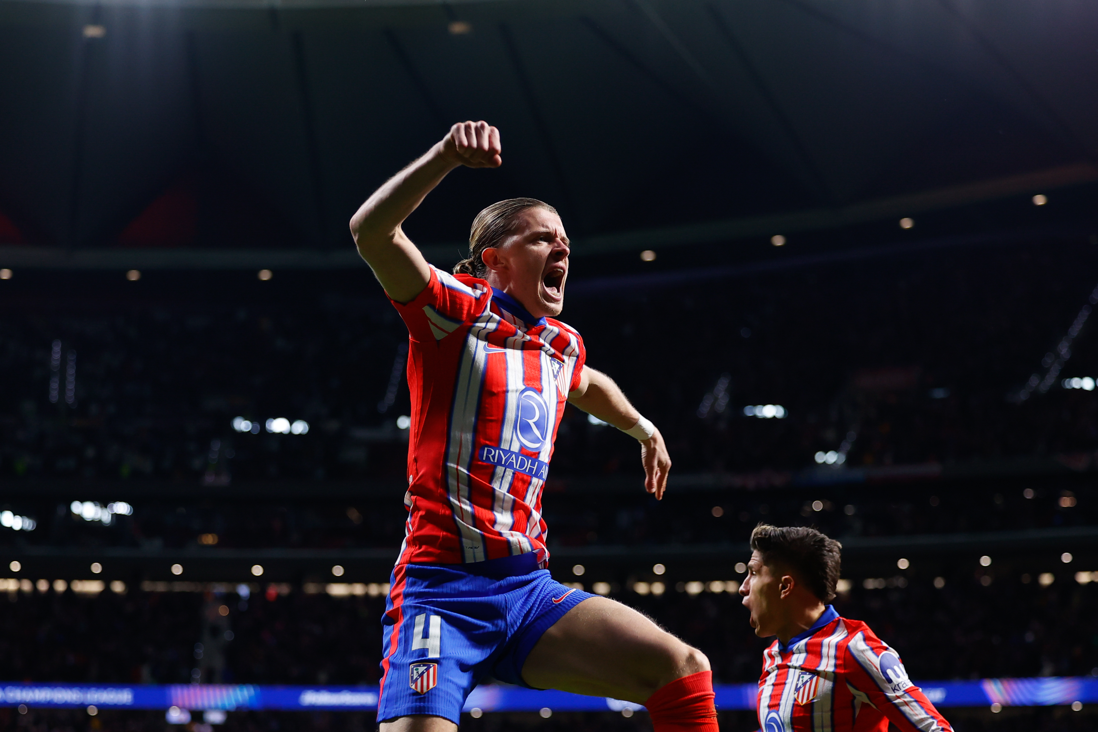 Conor Gallagher celebrates after scoring for Atletico Madrid against Real Madrid in the Champions League in March 2025.