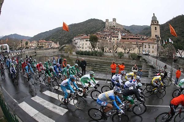 The peloton rolls out of Dolceacqua.