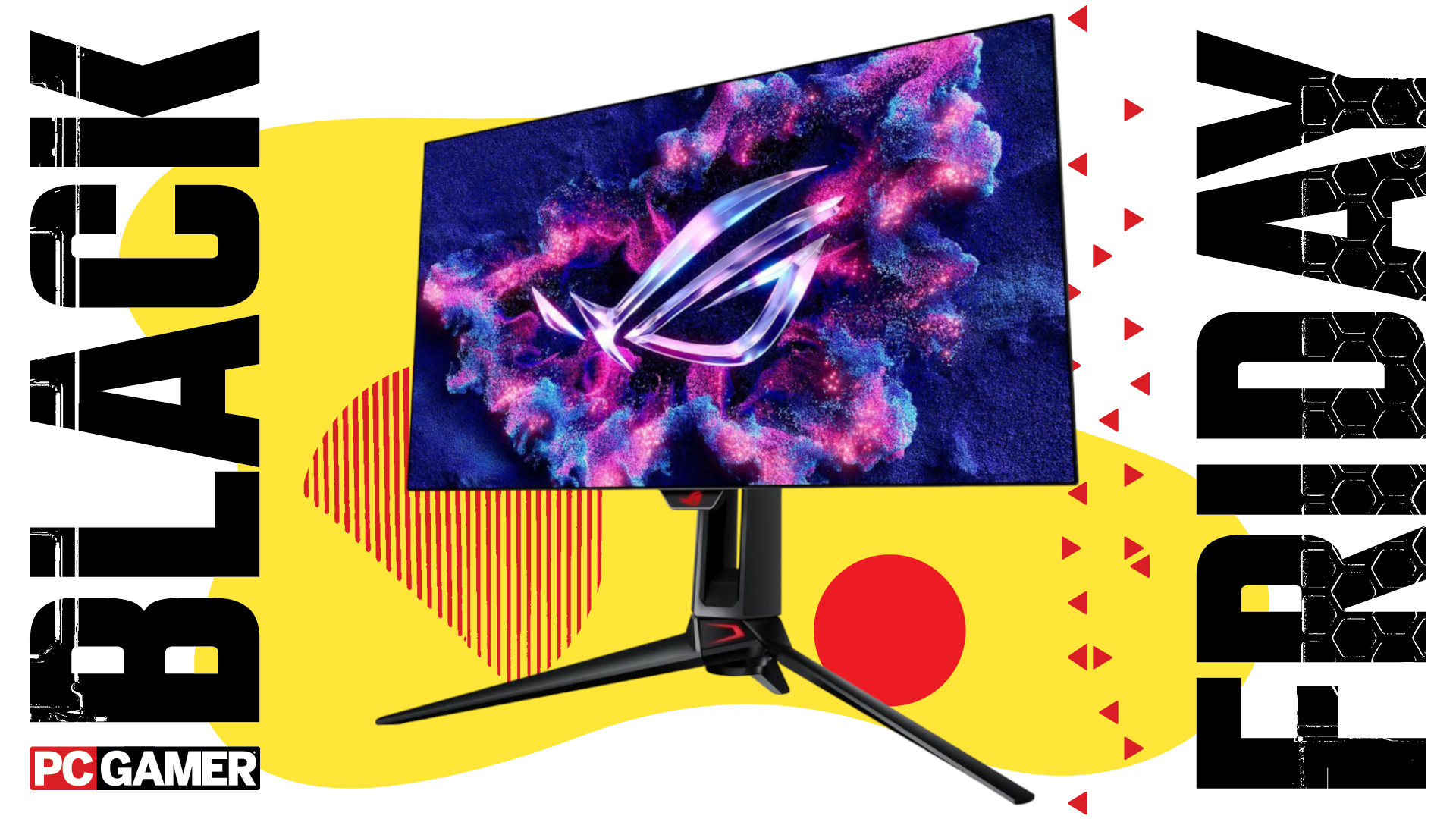 An image of an Asus ROG Swift PG27AQDP gaming monitor, against a colorful background with a set of PC Gamer and Black Friday logos on the sides
