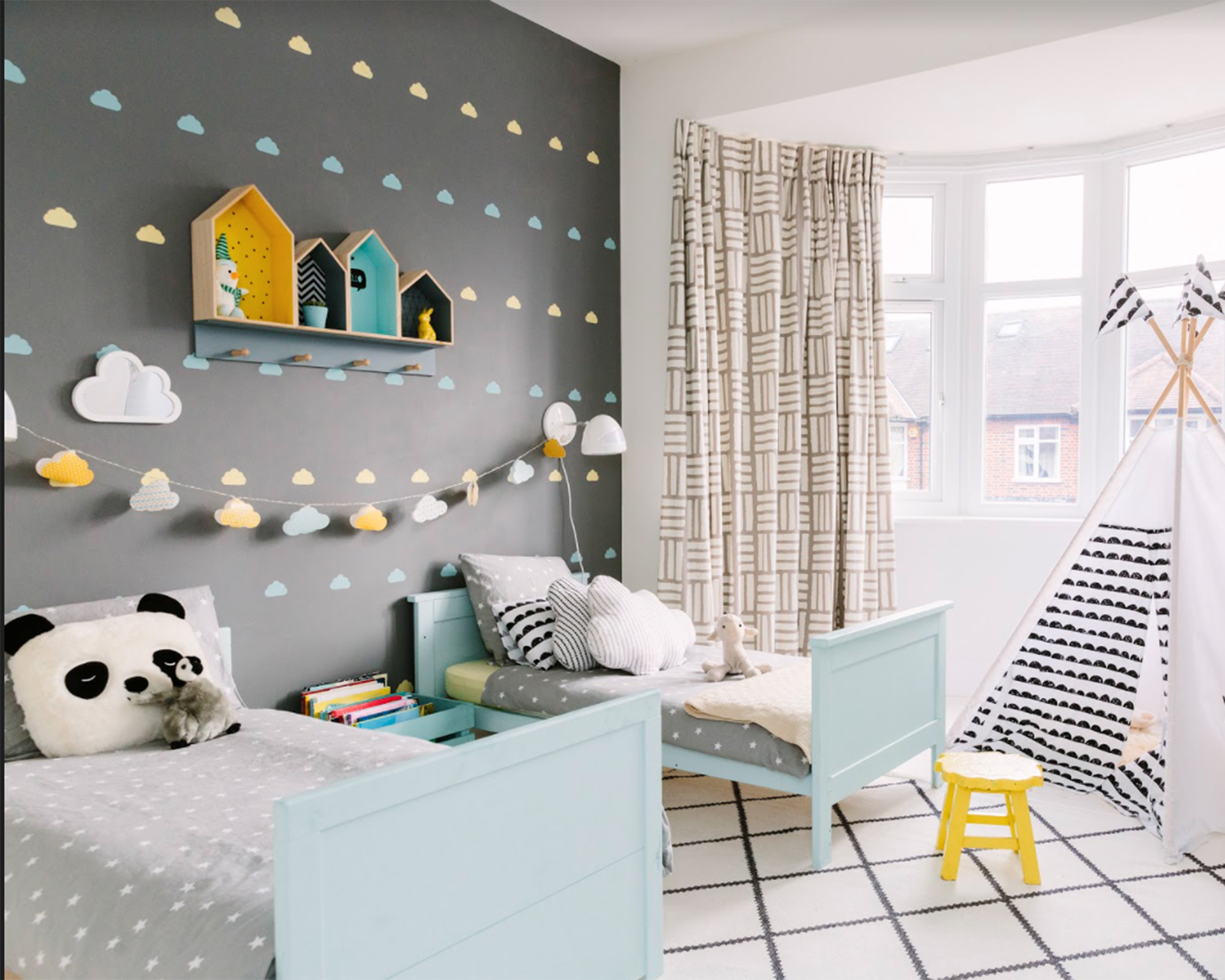 Shared bedroom ideas: Mint, grey and yellow kids bedroom by My Bespoke Room