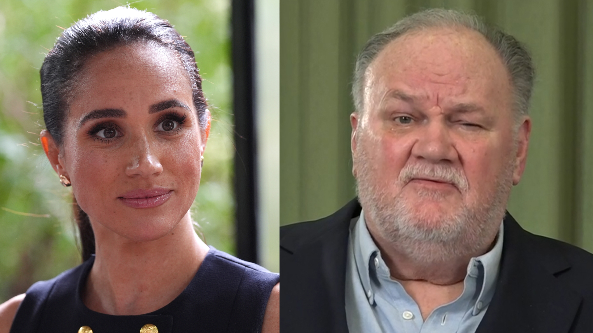 A split image of Meghan Markle in a blue top and her father, Thomas, Markle 