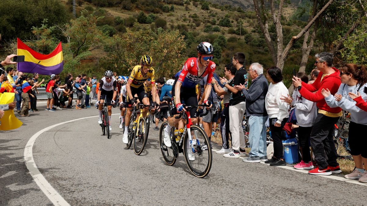 Team Jumbo-Visma&#039;s Dutch rider Dylan Van Baarle (R) ahead of the pack climbs the Puerto de la Cruz Verde pass during the stage 20 of the La Vuelta cycling tour of Spain as we round up where to watch a Vuelta a España 2024 live stream 