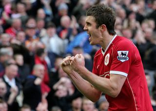 Michael Carrick celebrates after scoring for Manchester United against Blackburn Rovers in March 2007.