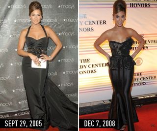 J.Lo (2005) & Beyonce (2008) in curve-hugging black gown and a beehive
