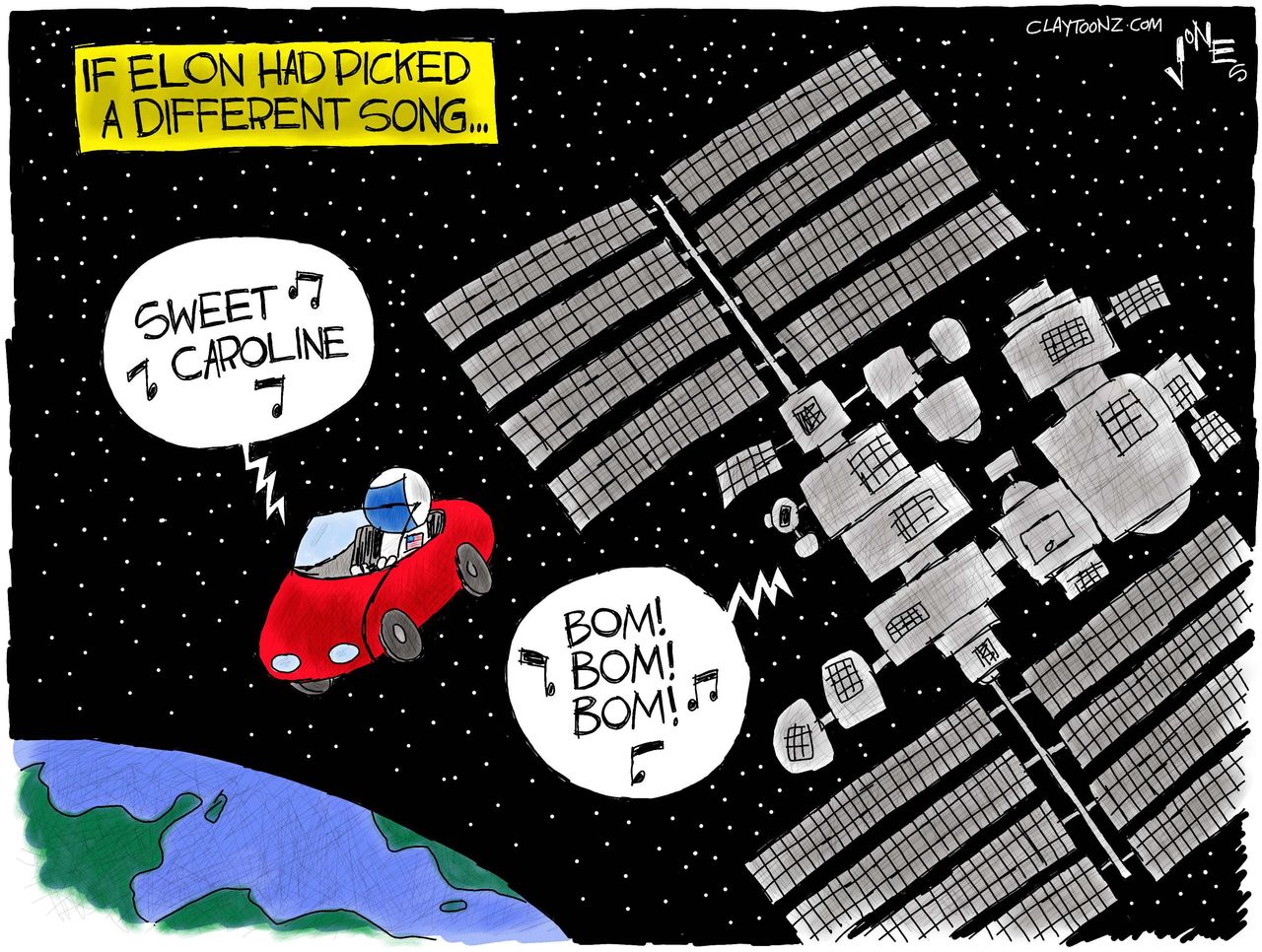 Editorial cartoon U.S. Elon Musk SpaceX Tesla Falcon Heavy Sweet Caroline