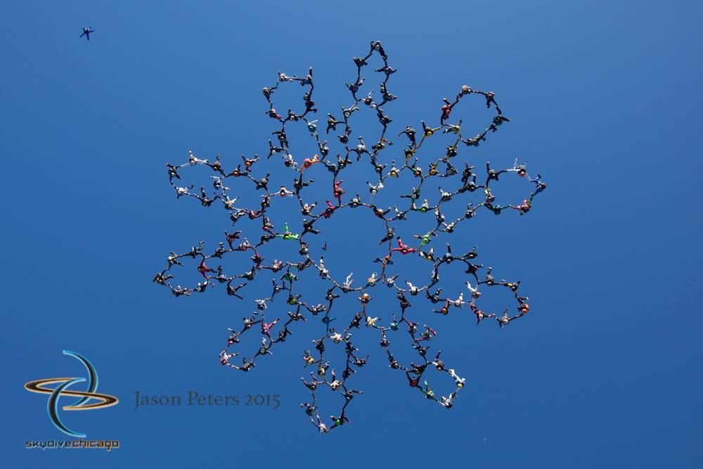 A group of 164 skydivers making a formation in the sky