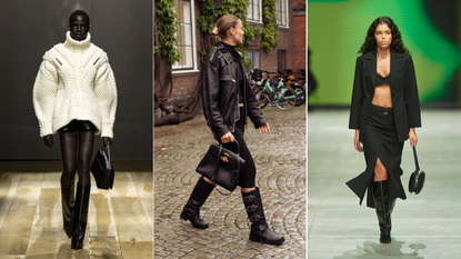  A guest wearing a black skirt, black sheer top, black leather jacket, black Hermes bag, and long shoes outside Herskind during the Copenhagen Fashion Week Spring/Summer 2024 on August 7, 2023 in Copenhagen, Denmark