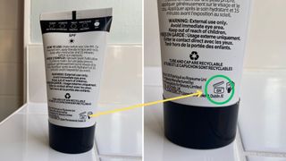 A composite image with the back of a sunscreen bottle next to a close up of the back of the packaging to demonstrate does sunscreen expire and how to know if it is out of date