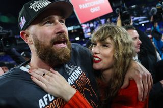 Travis Kelce #87 of the Kansas City Chiefs (L) celebrates with Taylor Swift after defeating the Baltimore Ravens in the AFC Championship Game at M&T Bank Stadium on January 28, 2024 in Baltimore, Maryland.