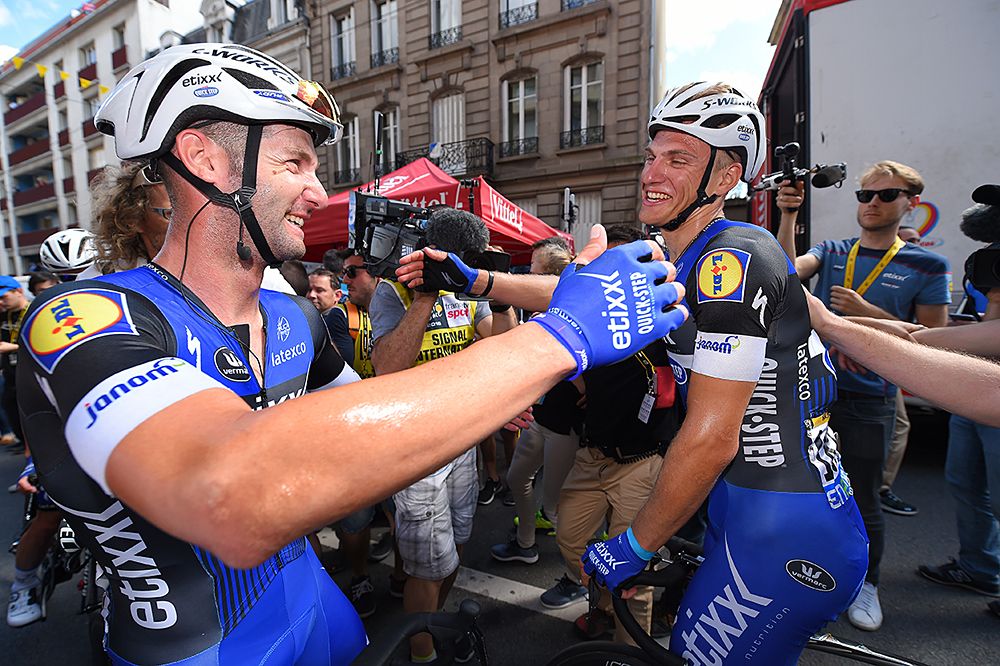 Etixx-QuickStep riders congratulate Marcel Kittel on stage 4 win at Tour de France