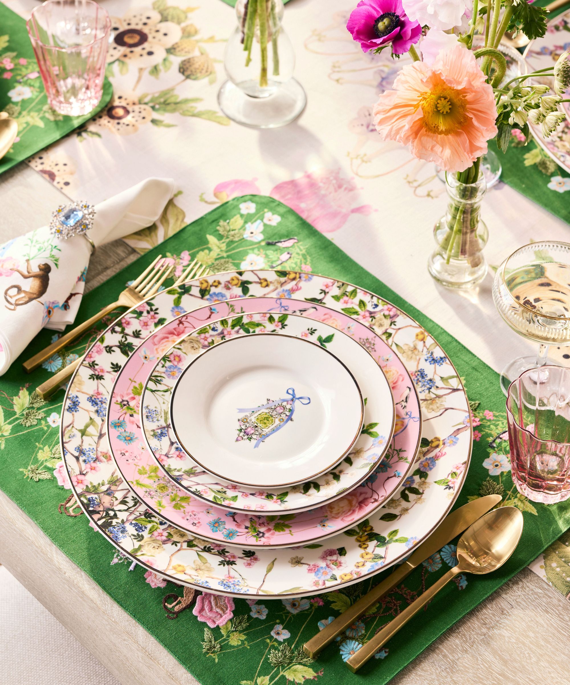 Pink and green themed floral place setting