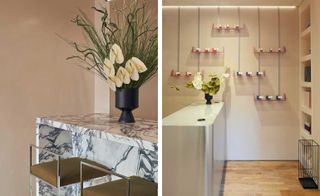 A closer look at the marble bar with bar stools in olive green leather and metal to the left. To the right, we see a metallic bar with shelves on the wall with nail polishes.