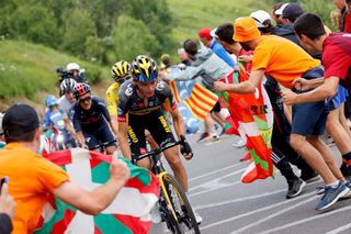 Team Jumbo Vismas Sepp Kuss of US leads the pack during the 18th stage of the 108th edition of the Tour de France cycling race 129 km between Pau and Luz Ardiden on July 15 2021 Photo by Thomas SAMSON AFP Photo by THOMAS SAMSONAFP via Getty Images